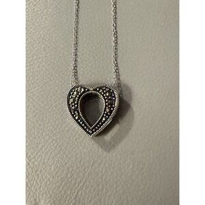 Vintage 925 Sterling Silver and Marcasite Sliding Heart Pendant Necklace #463